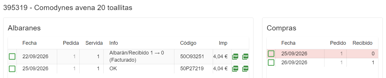 Detalle de revisión de un albarán y su entrega en STOCKFarmacia